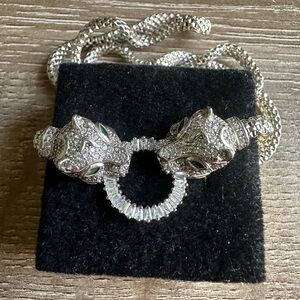 Sterling Silver Pavé Panther Head Necklace with Emerald Accents